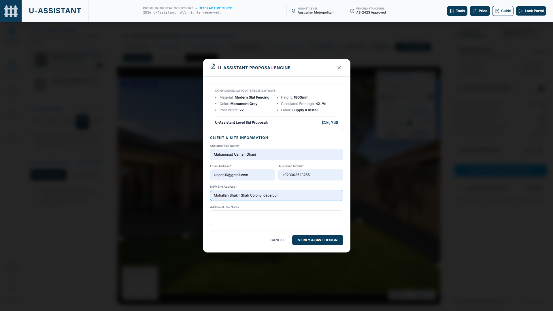 The Fencely proposal form capturing a client's contact and job details against a completed quote.